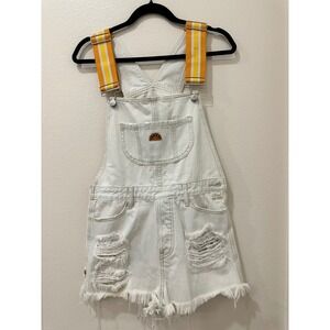 C&C California Robin White Distressed Denim Shortalls Orange Striped Straps S